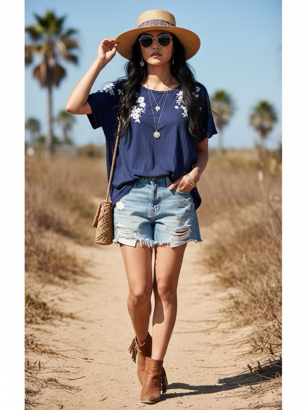 Anthrolologie Akemi + Kin Navy Blue Floral Embroidered Tee XL